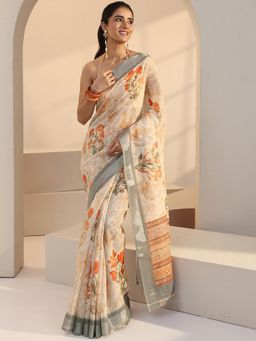 Libas - Cream Floral Printed Saree with Unstitched Blouse