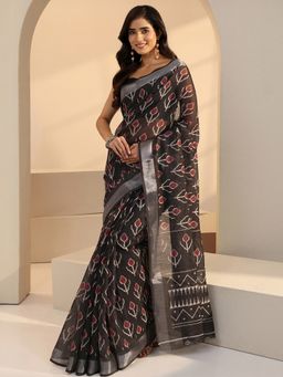 Libas - Black Motif Printed Saree with Unstitched Blouse