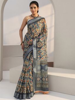 Libas - Blue Floral Printed Saree with Unstitched Blouse