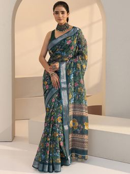 Libas - Blue Floral Printed Saree with Unstitched Blouse