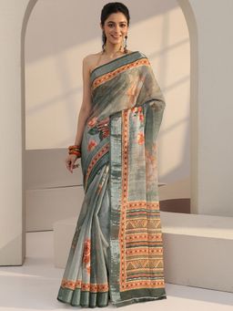 Libas - Grey Floral Printed Saree with Unstitched Blouse