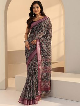 Libas - Black Floral Printed Saree with Unstitched Blouse