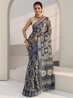 Libas - Blue Paisley Printed Saree with Unstitched Blouse