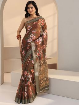 Libas - Brown Floral Printed Saree with Unstitched Blouse