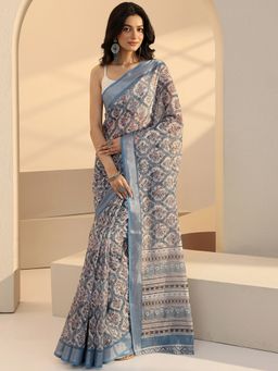 Libas - Blue Floral Printed Saree with Unstitched Blouse