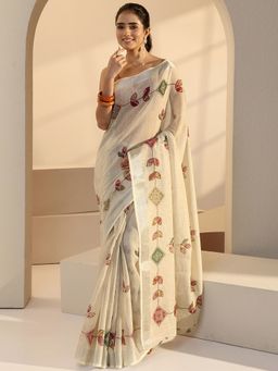 Libas - Off White Floral Bandhani Printed Saree with Unstitched Blouse