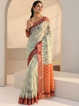 Libas - Beige Chevron Printed Saree with Unstitched Blouse