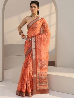 Libas - Peach Floral Printed Saree with Unstitched Blouse