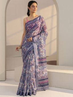 Libas - Purple Floral Printed Saree with Unstitched Blouse