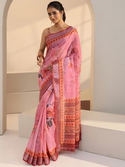 Libas - Pink Floral Printed Saree with Unstitched Blouse