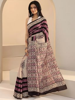 Libas - Beige Paisley Printed Saree with Unstitched Blouse