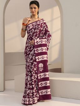 Libas - Burgundy Printed Saree with Unstitched Blouse