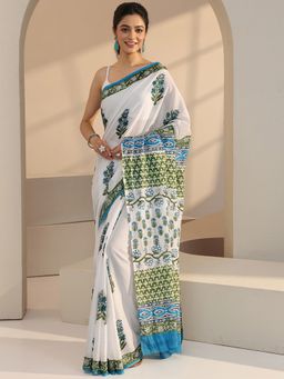 Libas - White Floral Printed Saree with Unstitched Blouse