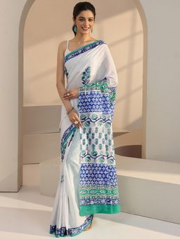 Libas - White Floral Printed Saree with Unstitched Blouse
