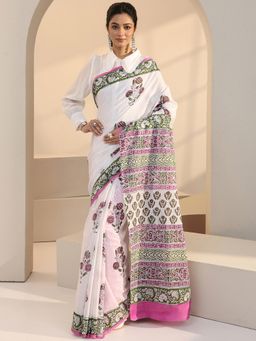 Libas - White Floral Printed Saree with Unstitched Blouse
