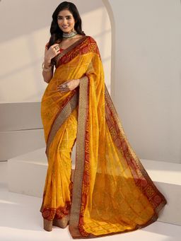 Libas - Mustard Ethnic Motif Printed Pre Draped Saree with Unstitched Blouse