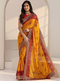 Libas - Mustard Bandhani Printed Pre Draped Saree with Unstitched Blouse