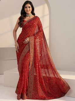 Libas - Red Bandhani Printed Pre Draped Saree with Unstitched Blouse