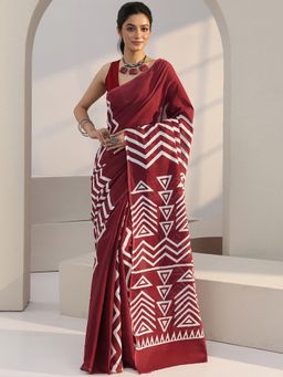 Libas - Maroon Geometric Printed Saree with Unstitched Blouse