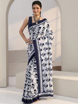Libas - White Floral Motif Printed Saree with Unstitched Blouse