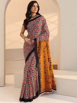 Libas - Black Ethnic Motif Printed Saree with Unstitched Blouse