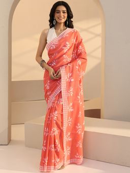 Libas - Coral Floral Printed Saree with Unstitched Blouse