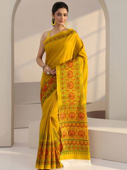 Libas - Mustard Floral Printed Saree with Unstitched Blouse