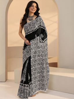 Libas - Black Floral Printed Saree with Unstitched Blouse