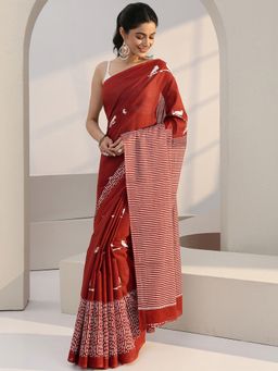 Libas - Brown Bird Printed Saree with Unstitched Blouse