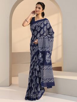 Libas - Blue Floral Printed Saree with Unstitched Blouse