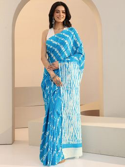 Libas - Blue Batik Printed Saree with Unstitched Blouse