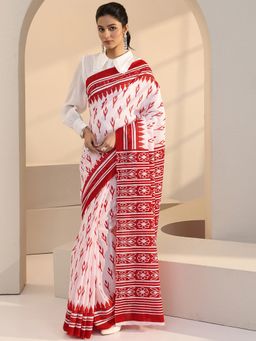 Libas - White Ikat Printed Saree with Unstitched Blouse