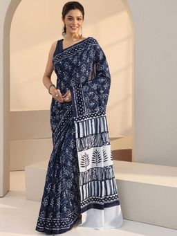 Libas - Blue Floral Motif Printed Saree with Unstitched Blouse