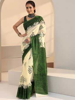 Libas - Beige Floral Printed Batik Saree with Unstitched Blouse