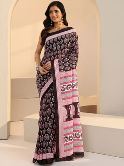 Libas - Black Floral Printed Batik Saree with Unstitched Blouse