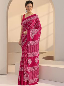 Libas - Pink Floral Motif Batik Printed Saree with Unstitched Blouse