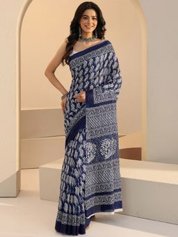 Libas - Blue Floral Motif Batik Printed Saree with Unstitched Blouse