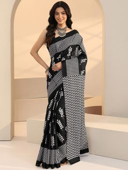 Libas - Black Motif Batik Printed Saree with Unstitched Blouse