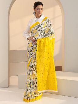 Libas - White Floral Batik Printed Saree with Unstitched Blouse