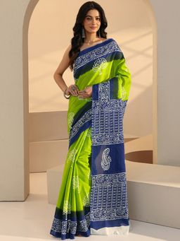 Libas - Green Motif Printed Saree with Unstitched Blouse
