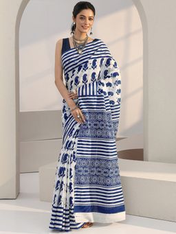 Libas - White Motif Batik Printed Saree with Unstitched Blouse