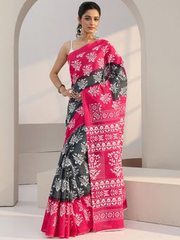 Libas - Grey Floral Motif Printed Saree with Unstitched Blouse