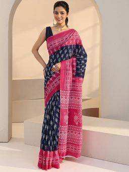 Libas - Navy Blue Floral Motif Batik Printed Saree with Unstitched Blouse