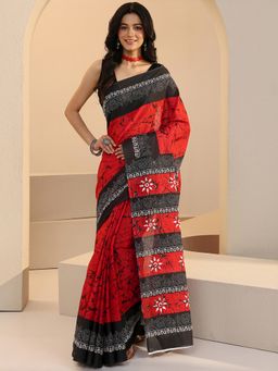 Libas - Red Batik Printed Saree with Unstitched Blouse