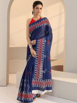 Libas - Blue Printed Saree with Unstitched Blouse