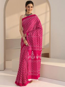Libas - Pink Floral Motif Batik Printed Saree with Unstitched Blouse