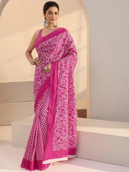 Libas - Pink Floral Batik Printed Saree with Unstitched Blouse