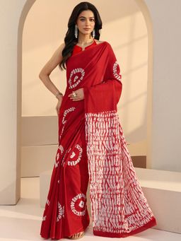 Libas - Red Ethnic Motif Batik Printed Saree with Unstitched Blouse
