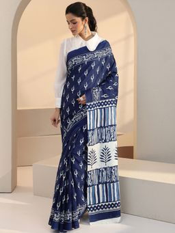 Libas - Blue Bird Motif Printed Saree with Unstitched Blouse