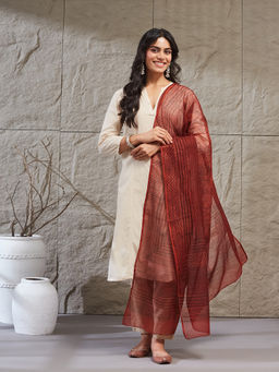 Fabindia - Red Cotton Silk Hand Block Printed Dupatta